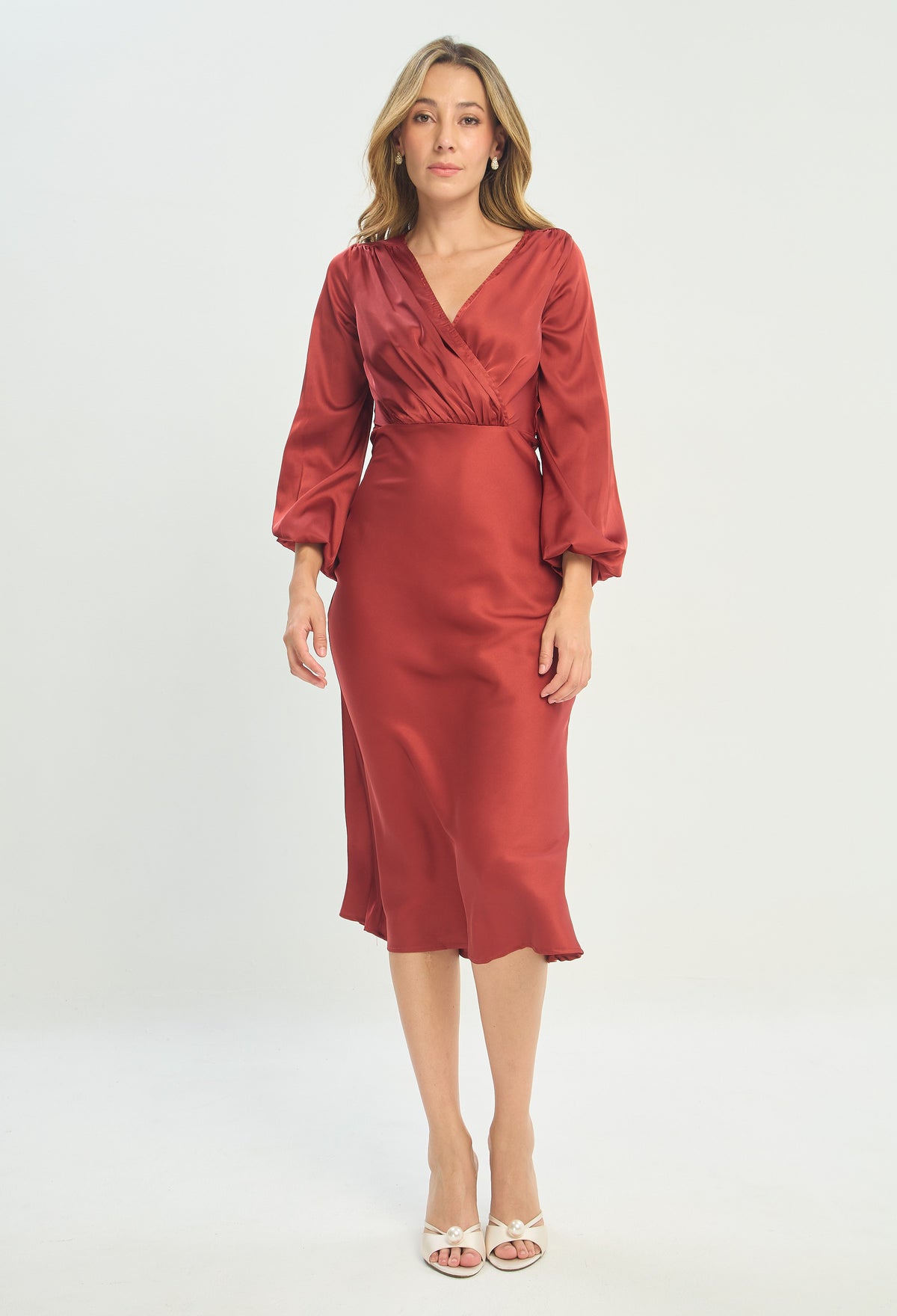 Vestido Midi Cruzado Manga Larga Terracota BYBLA
