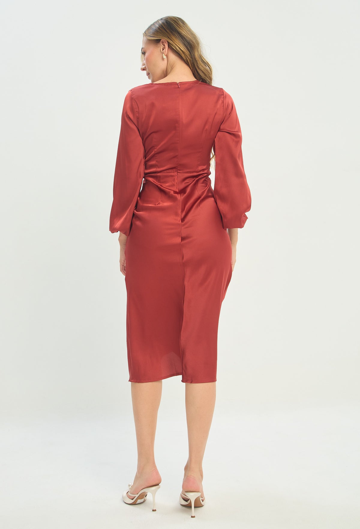 Vestido Midi Cruzado Manga Larga Terracota BYBLA - vista 5