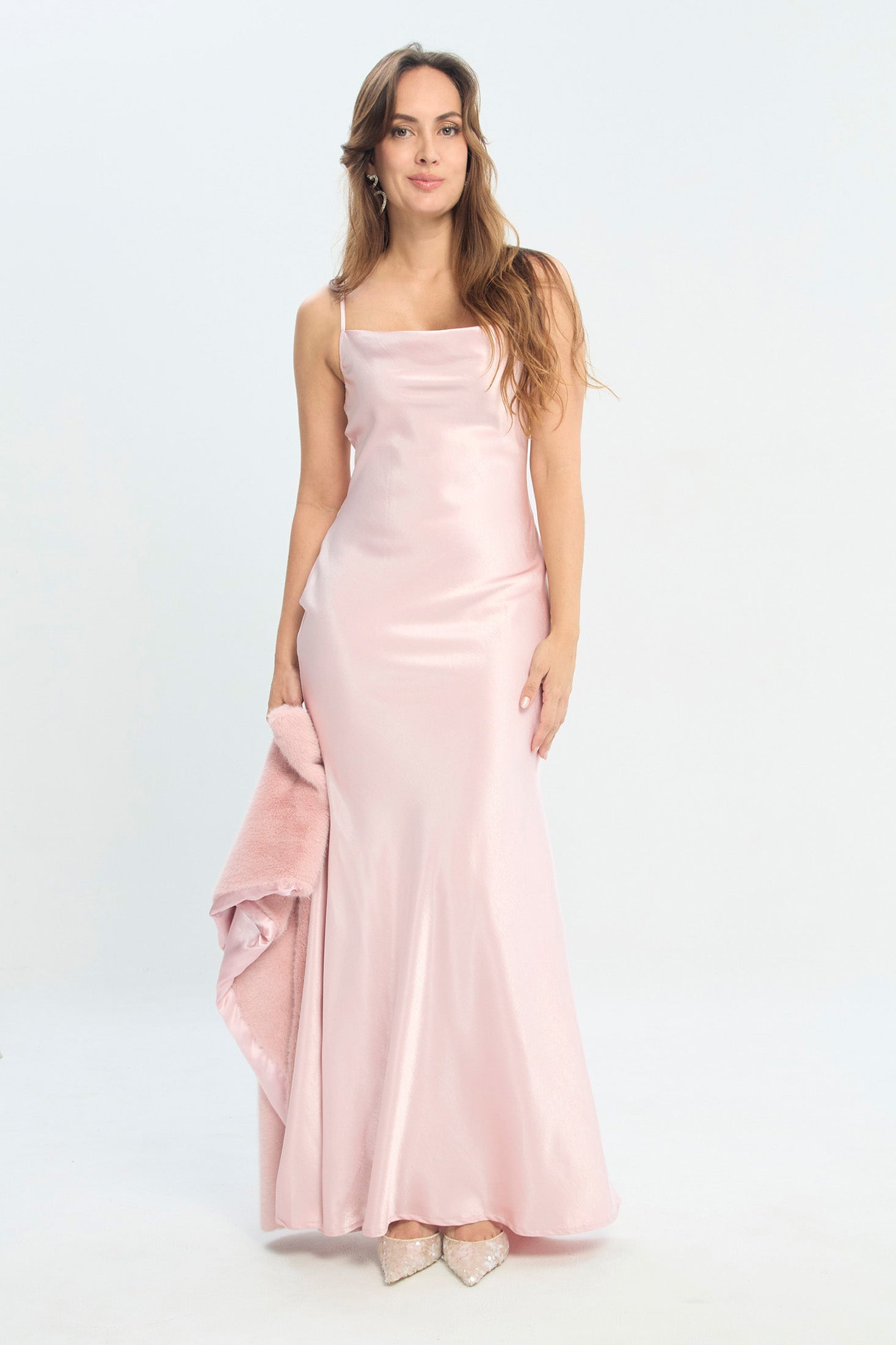 Vestido Largo Satín Drapeado Chal NEW