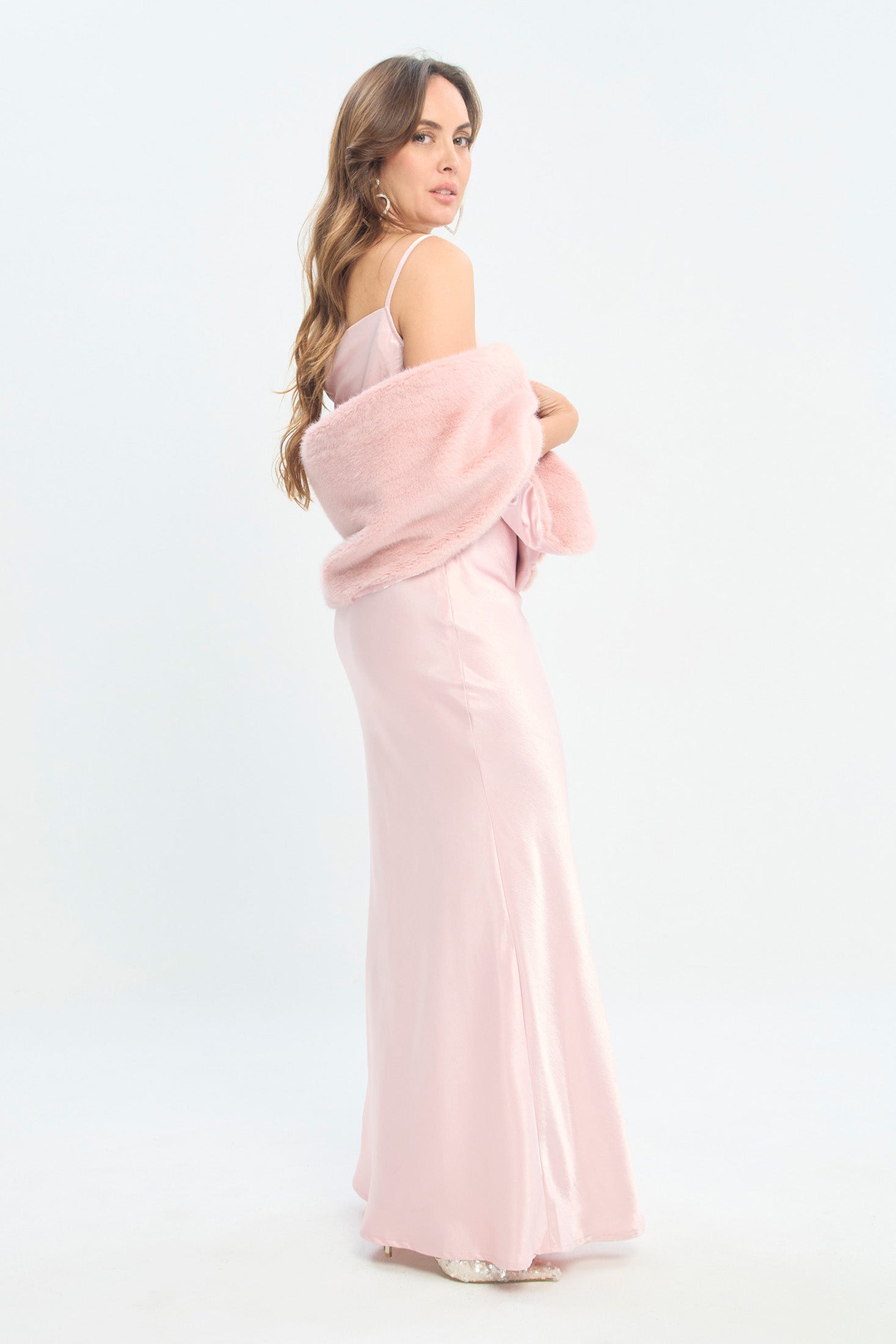 Vestido Largo Satín Drapeado Chal NEW